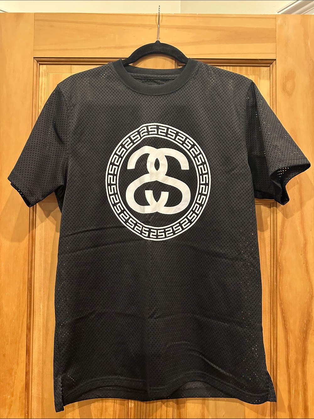 Stussy Black Mesh Tee with White Circular Logo